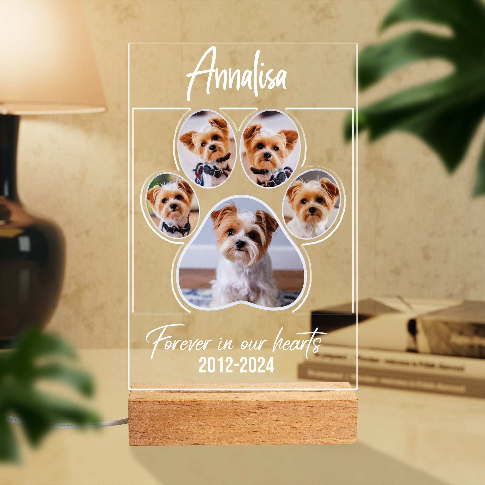 Personalized Pet Memorial 5 Photo Paw Shape Plaque With Lighting